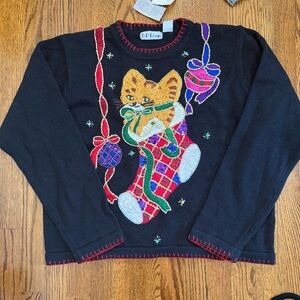 B.P. Design Black Red Cat Feline Ugly Christmas Holiday Sweater Size Large NWT